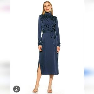 Alexia Admor Mockneck midi dress Elegant Navy Blue Satin No Belt